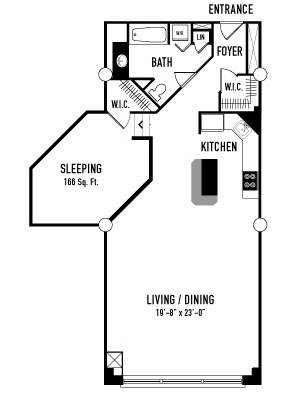 Floor plan for 1 bed, 1 bath, 1058 sqft